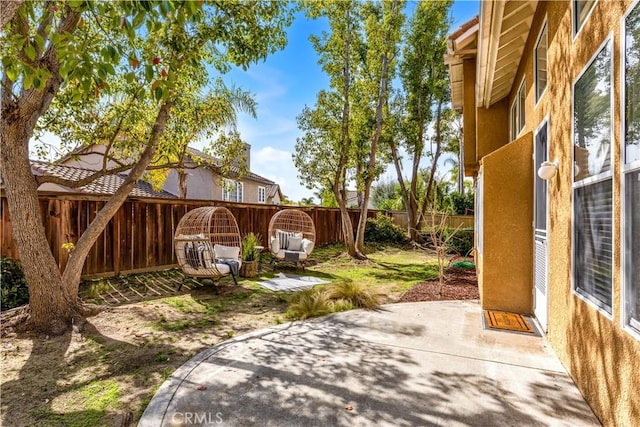 view of yard with a fenced backyard and a patio