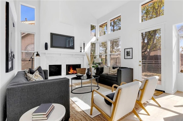 living area with a towering ceiling and a premium fireplace