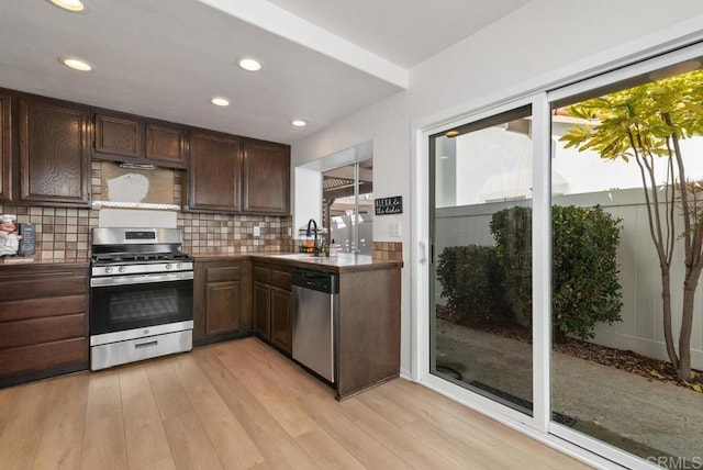 kitchen featuring appliances with stainless steel finishes, light hardwood / wood-style floors, sink, and decorative backsplash