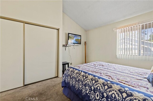 bedroom featuring a textured ceiling, lofted ceiling, carpet, and a closet