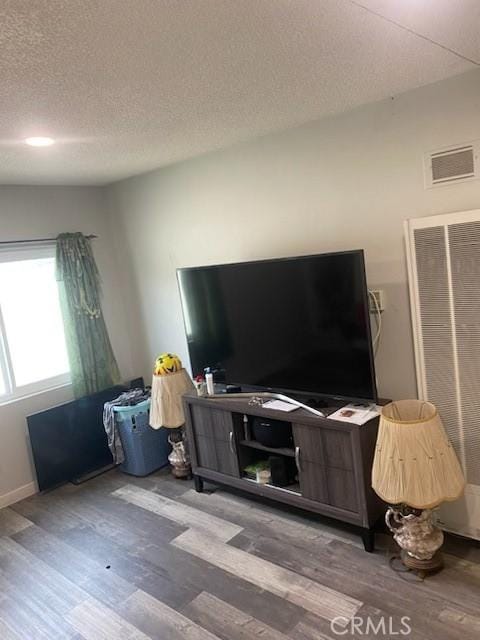 living room with hardwood / wood-style floors and a textured ceiling