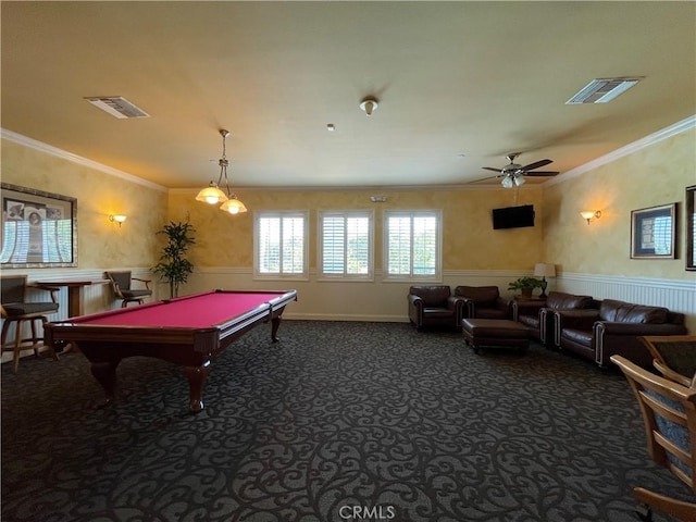 playroom featuring carpet floors, wainscoting, and visible vents