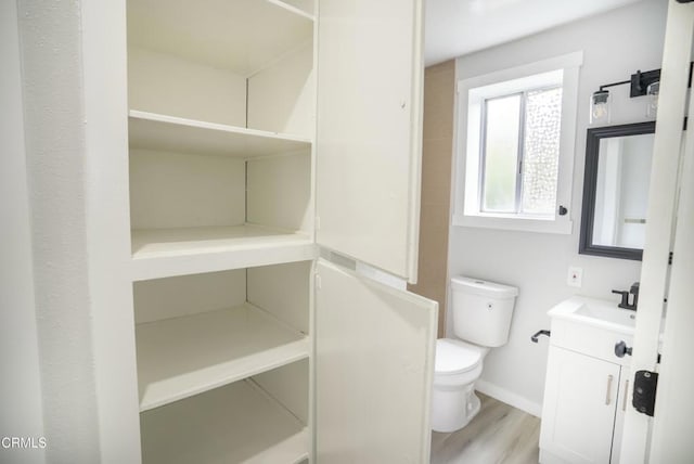 bathroom with toilet, wood-type flooring, and vanity