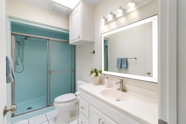full bath featuring tile patterned floors, a stall shower, toilet, and vanity