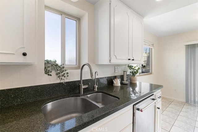kitchen with white cabinetry, dark stone countertops, dishwasher, and a sink