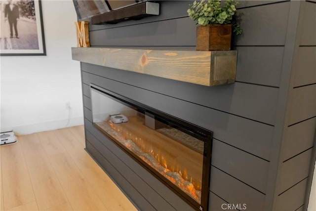 details featuring a glass covered fireplace and wood finished floors