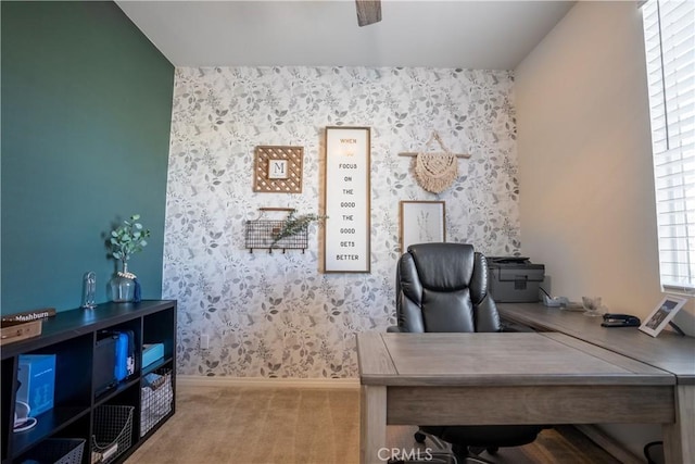 home office featuring wallpapered walls, ceiling fan, an accent wall, and baseboards