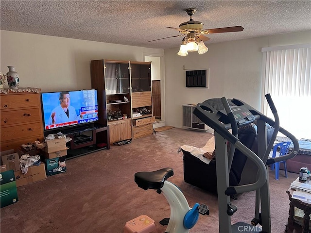 workout room featuring ceiling fan, carpet, and a textured ceiling