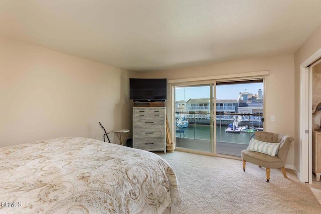 bedroom with light colored carpet and access to outside