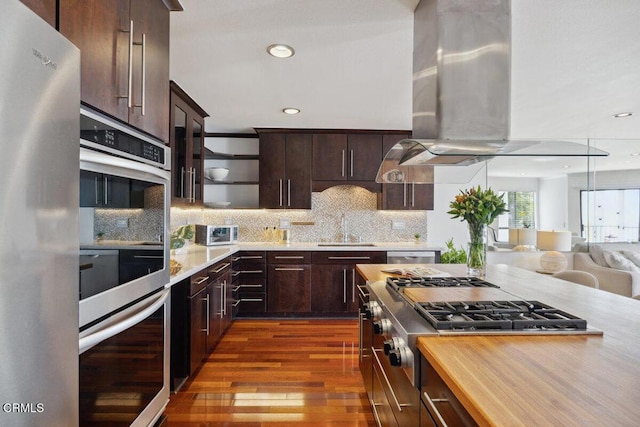 kitchen featuring sink, dark brown cabinets, appliances with stainless steel finishes, dark hardwood / wood-style flooring, and range hood