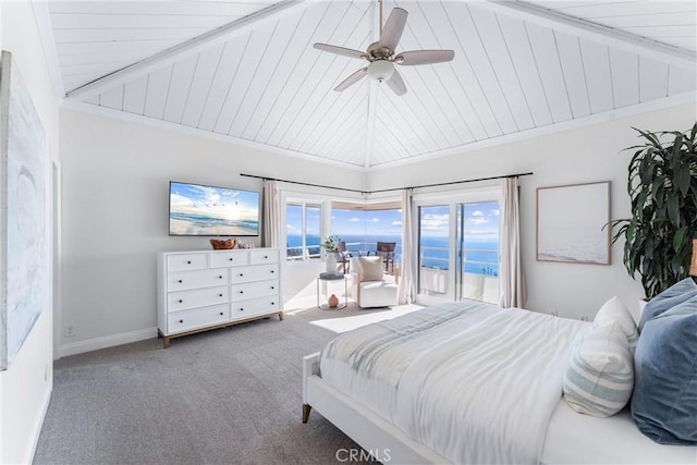 bedroom featuring baseboards, lofted ceiling with beams, ceiling fan, carpet, and access to outside