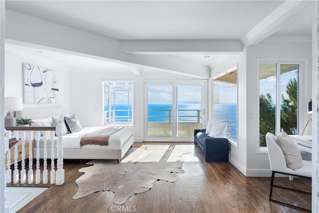 bedroom featuring access to exterior, dark wood-style flooring, crown molding, a water view, and baseboards