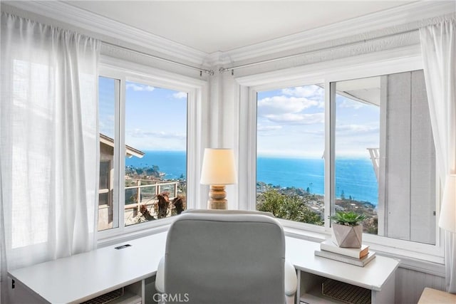 home office featuring a water view and crown molding