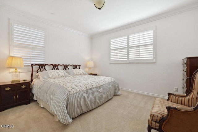 carpeted bedroom with ornamental molding