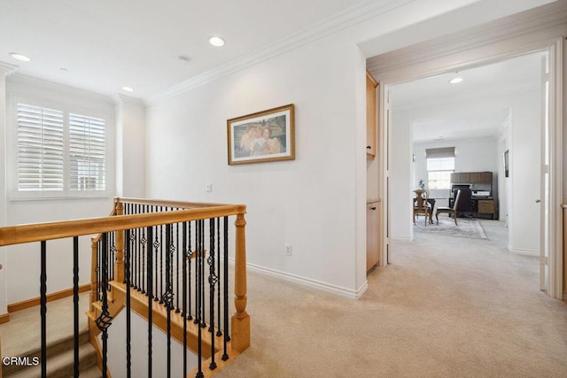 corridor featuring crown molding and light colored carpet