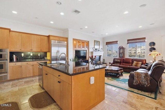 kitchen featuring a kitchen island with sink, sink, crown molding, and stainless steel appliances