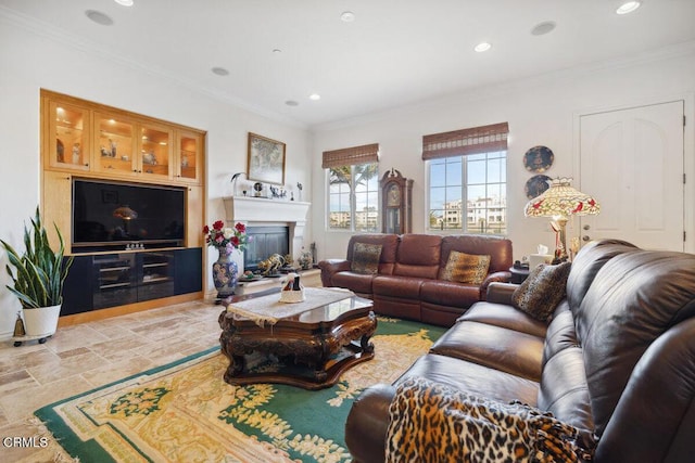 living room with ornamental molding