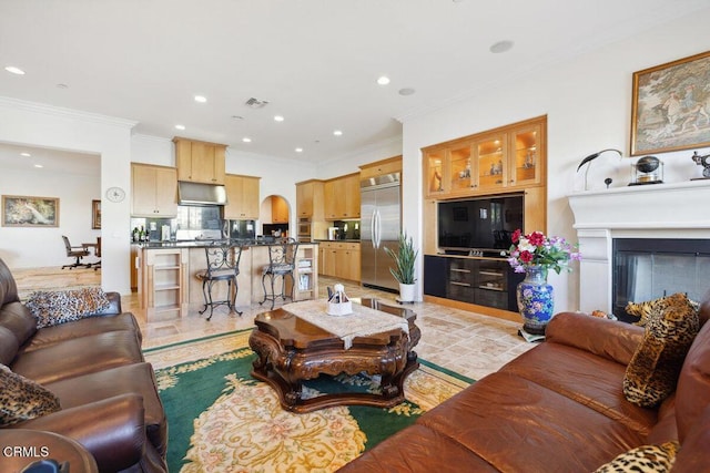 living room with crown molding