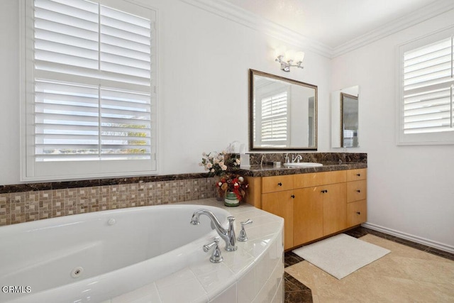 bathroom with vanity, ornamental molding, and tiled bath