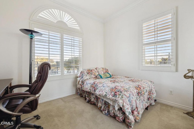 carpeted bedroom with crown molding