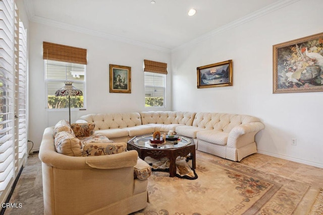 living room featuring plenty of natural light and ornamental molding