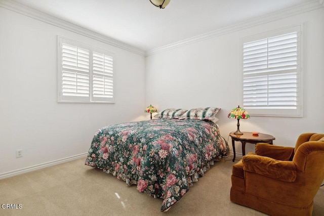 carpeted bedroom with crown molding