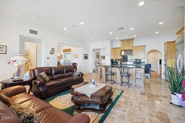 living room with ornamental molding and sink