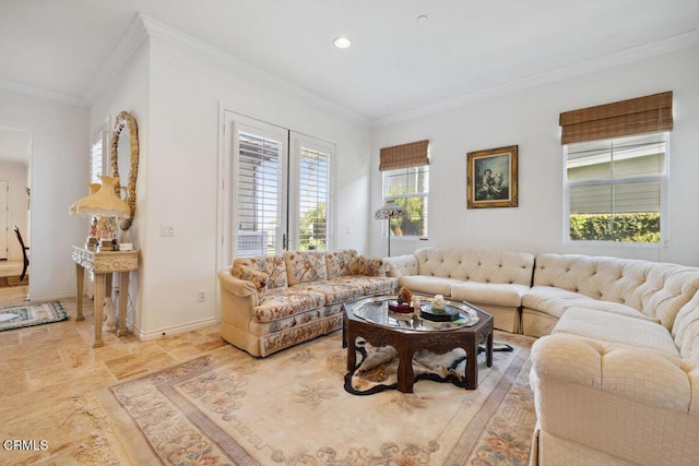 living room with ornamental molding