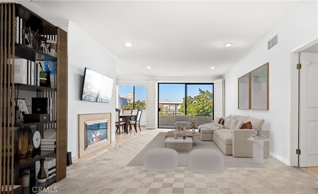 1223 Roxbury Dr Unit 305, Los Angeles, CA 90035 - tiled living room featuring crown molding and recessed lighting