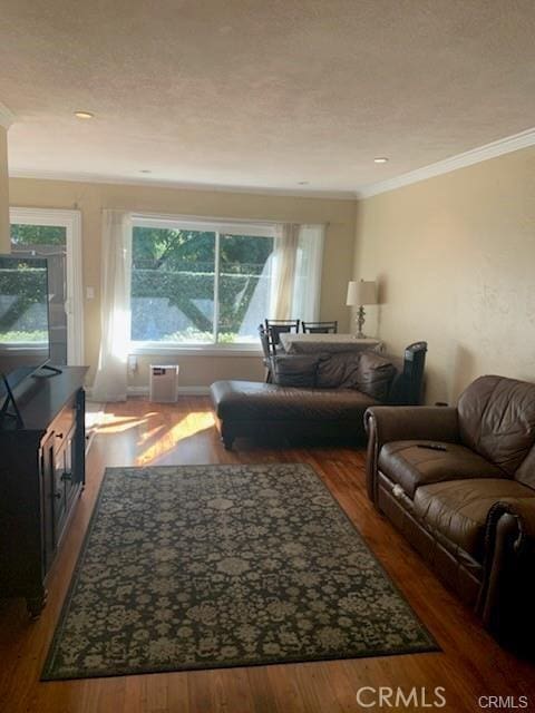 living room featuring crown molding, hardwood / wood-style flooring, and a textured ceiling