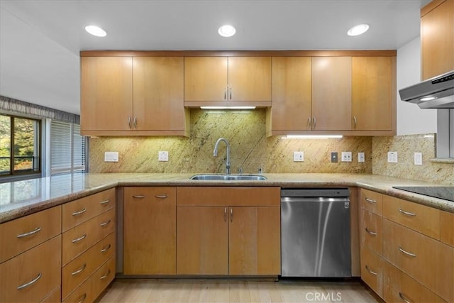 32709 Seagate Dr Unit 101, Rancho Palos Verdes, CA 90275 - kitchen with stainless steel dishwasher, a sink, light stone counters, black electric stovetop, and decorative backsplash