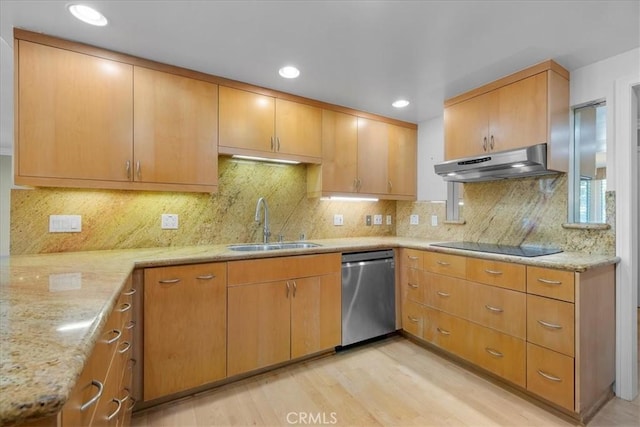 32709 Seagate Dr Unit 101, Rancho Palos Verdes, CA 90275 - kitchen featuring under cabinet range hood, dishwasher, a sink, light wood finished floors, and black electric stovetop