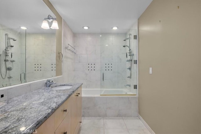 32709 Seagate Dr Unit 101, Rancho Palos Verdes, CA 90275 - bathroom with vanity, tile patterned floors, tiled shower / bath combo, recessed lighting, and baseboards