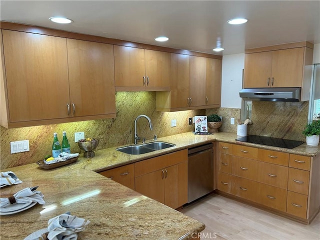 32709 Seagate Dr Unit 101, Rancho Palos Verdes, CA 90275 - kitchen featuring dishwasher, a sink, under cabinet range hood, black electric stovetop, and light wood-style flooring