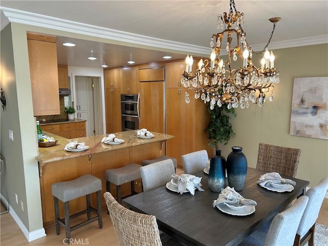 32709 Seagate Dr Unit 101, Rancho Palos Verdes, CA 90275 - dining room featuring ornamental molding, light wood finished floors, a chandelier, and recessed lighting