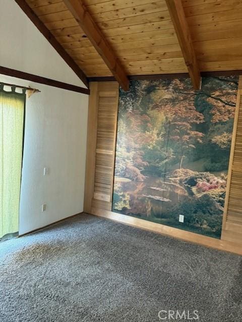 spare room featuring lofted ceiling with beams, carpet floors, and wood ceiling