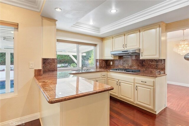 1885 Fallview Rd, Westlake Village, CA 91361 - kitchen featuring under cabinet range hood, stainless steel gas cooktop, cream cabinets, crown molding, and recessed lighting