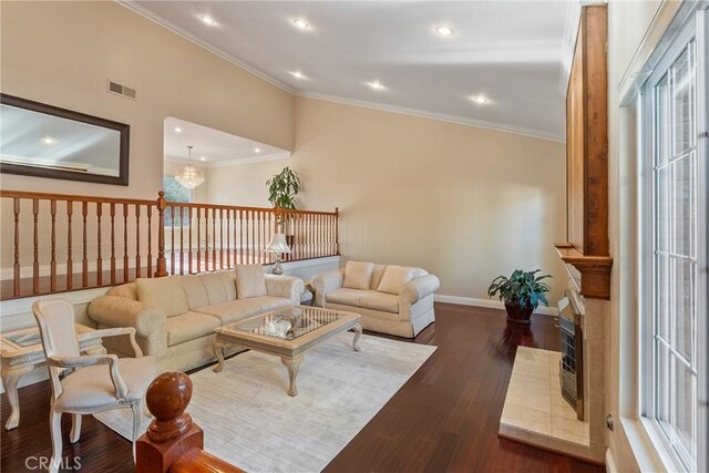 1885 Fallview Rd, Westlake Village, CA 91361 - living room featuring dark wood-style floors, crown molding, recessed lighting, vaulted ceiling, and a chandelier