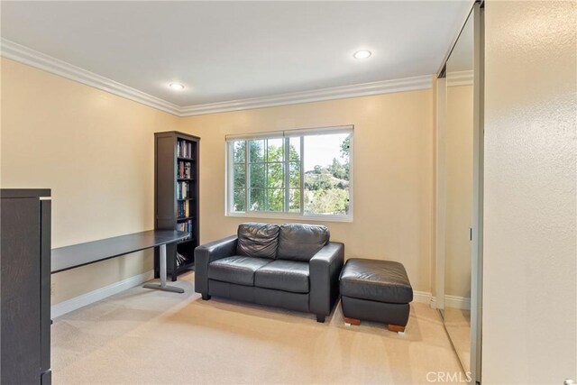 1885 Fallview Rd, Westlake Village, CA 91361 - living area featuring carpet floors, ornamental molding, and recessed lighting