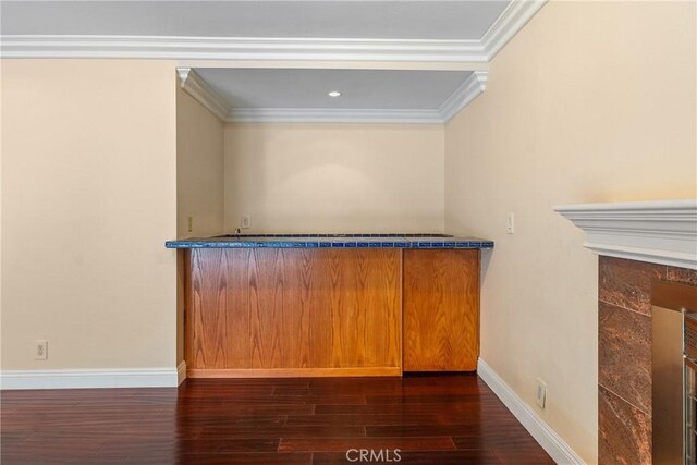 1885 Fallview Rd, Westlake Village, CA 91361 - bar area with wood finished floors, crown molding, and a premium fireplace