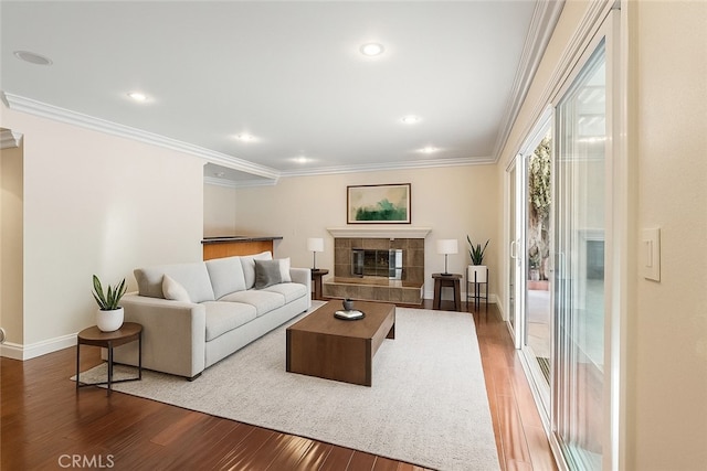 1885 Fallview Rd, Westlake Village, CA 91361 - living room with wood finished floors, crown molding, a fireplace, and recessed lighting