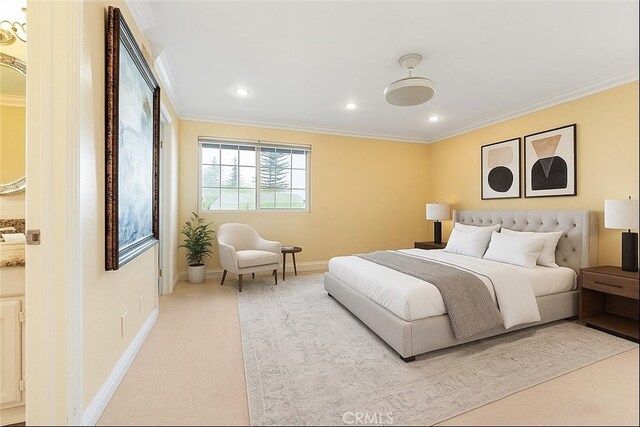 1885 Fallview Rd, Westlake Village, CA 91361 - bedroom with carpet flooring, ornamental molding, and recessed lighting