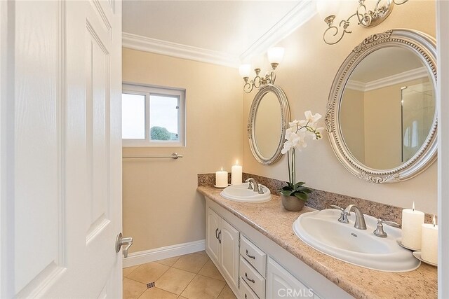 1885 Fallview Rd, Westlake Village, CA 91361 - bathroom featuring tile patterned floors, crown molding, and double vanity