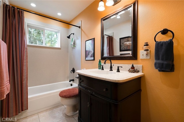 full bathroom featuring toilet, vanity, shower / bathtub combination with curtain, and tile patterned flooring