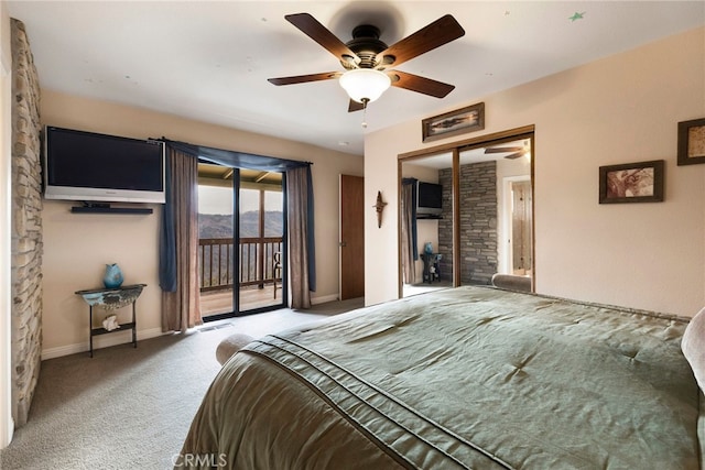 bedroom featuring access to outside, light colored carpet, a closet, and ceiling fan