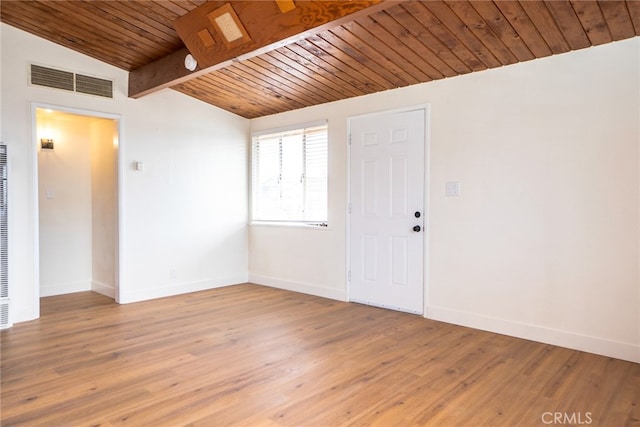 spare room featuring hardwood / wood-style flooring, wooden ceiling, and vaulted ceiling with beams