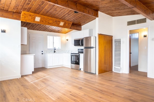 kitchen featuring stainless steel appliances, a sink, visible vents, white cabinets, and light countertops