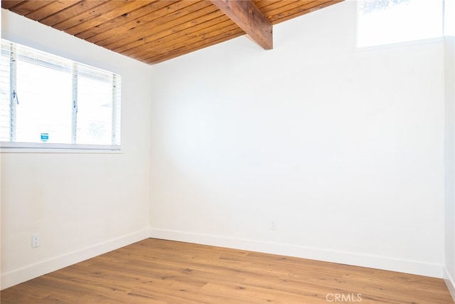 spare room with hardwood / wood-style floors, wood ceiling, and vaulted ceiling with beams