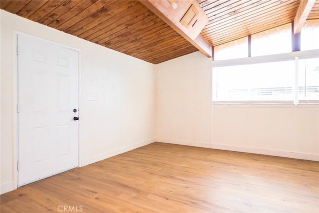 spare room with wood ceiling, light hardwood / wood-style flooring, and lofted ceiling with beams