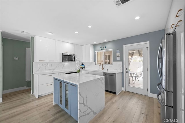 kitchen featuring sink, a center island, stainless steel appliances, decorative backsplash, and white cabinets